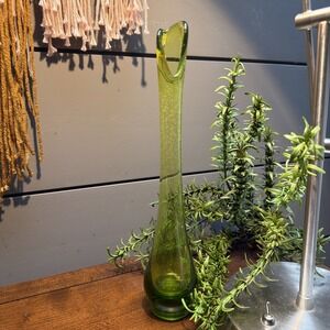 Vintage MCM Viking Glass 11" Epic Bud Vase Swung Vase Avocado Green Stunning